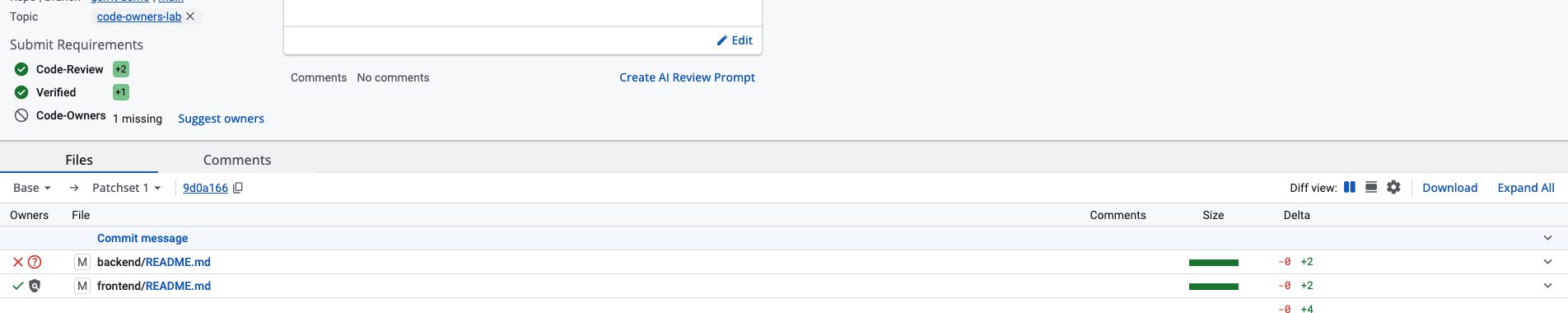 Code-Review 和 Verified 已满足，但 backend 缺少 Code Owner