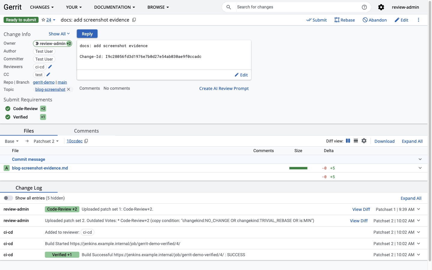 Jenkins 写回 Verified 加一后 Gerrit 的两个提交要求均已满足