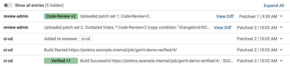 同一 Gerrit Change 的两个 Patch Set 及 Jenkins Verified 写回历史
